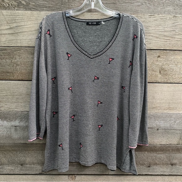 Nic Zoe Sweater Womens M Cosmo Cocktail Embroidered Novelty Print Striped Linen - Picture 4 of 16